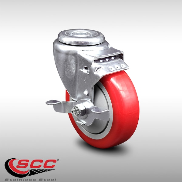 4 Inch SS Red Polyurethane Wheel Swivel Bolt Hole Caster with Brake SCC